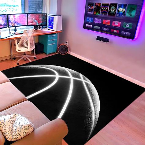 Sports Theme Game Room, Football Theme Rooms For Boys, Teen Basketball Room, Basketball Bedroom Ideas Boys, Teen Boys Room Ideas, Boys Basketball Room, Pre Teen Boys Room, Boys Basketball Bedroom, Basketball Rug