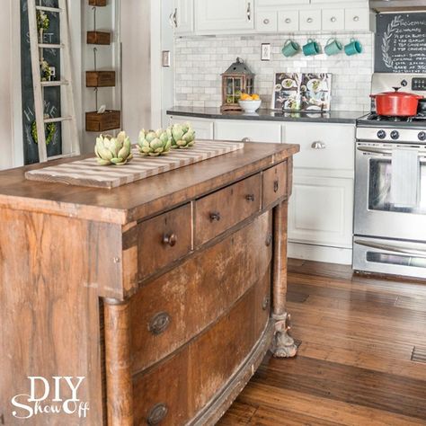 Kitchen Island Ideas With Storage, Cabinet Kitchen Island, Salvage Projects, Luxury Kitchen Island, Kitchen Center Island, Barndominium Interior, Repurpose Furniture, Kitchen Island With Sink, Repurposed Dresser