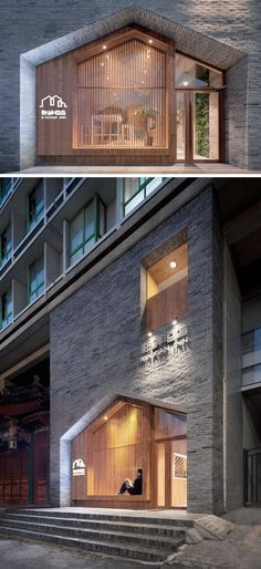 Contemporary Facade, Cafe Exterior, Hotel Facade, Retail Facade, Wood Facade, Shop Facade, Storefront Design, Cafe Shop Design, Grey Brick