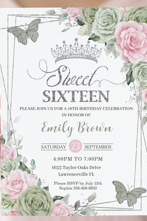 Sage Green Pink Floral Butterflies Silver Sweet 16 Invitation Green And Pink Sweet 16 Theme, Sage Green And Pink Birthday Decor, Floral Sweet 16 Theme, Pink And Silver Sweet 16, Sweet 16 Tea Party, Silver Sweet 16, Pink Sweet 16, Lollipop Party, Sweet 16 Themes