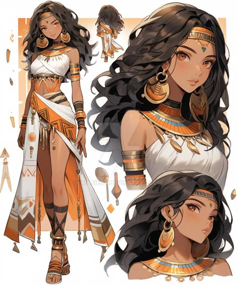 Egyptian Fantasy Outfit, Fantasy Dessert Clothes, Romani Anime, Harem Girl Art, Egyptian Anime Woman, Queen Concept Art Character Design, Tefnut Egyptian Goddess, Anime Desert Outfit, Egyptian Oc Art Female