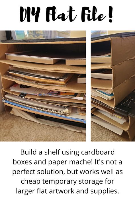 Build a shelf using cardboard and paper mache! It's not a perfect solution, but works well as a cheap temporary storage solution for larger flat artwork and supplies. You could build a more permanent version with wood if you have the space and tools! While I save up for a flat file, this does the job. Diy Flat File, Sheets Storage, Build A Shelf, Art Supply Storage, Paper Sorter, Sheet Storage, Flat File, Cardboard Storage, Art Supplies Storage