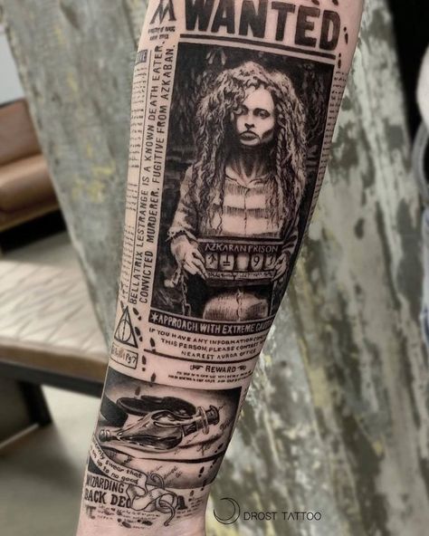 Harry Potter Newspaper Tattoo, Bellatrix Lestrange Tattoo, Harry Potter Tattoo Sleeve, Siren Tattoo, Harry Tattoos, Feminine Skull Tattoos, Hp Tattoo, Potter Tattoo, Mommy Tattoos