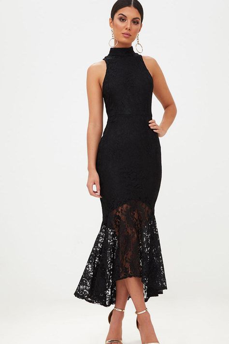 Lace High Neck Dress, High Collar Dress, High Neck Lace Dress, Black Lace Midi Dress, Affordable Prom Dresses, Fishtail Dress, Full Length Dress, Black Lace Dress, Cheap Prom Dresses