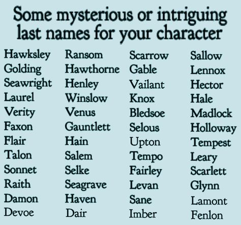 Text: Some mysterious or intriguing last names for your character.

Hawksley, Golding, Seawright, Ransom, Hawthorne, Henley, Scarrow, Gable, Vailant, Laurel, Winslow, Knox, Verity, Faxon, Flair, Talon, Sonnet, Raith, Venus, Gauntlett, Hain, Salem, Selke, Seagrave, Damon, Haven, Devoe, Dair, Bledsoe, Selous, Upton, Tempo, Fairley, Levan, Sane, Imber, Sallow, Lennox, Hector, Hale, Madlock, Holloway, Tempest, Leary, Scarlett, Glynn, Lamont, Fenlon Secret Society Name Ideas, Unique Names For Characters, Character Last Names, Names For Characters, Last Names For Characters, Cool Last Names, Menulis Novel, Studie Hacks, Writing Inspiration Tips