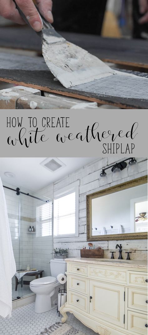 Create your own weathered white shiplap with this easy tutorial!  | DIY - White weathered wood Distressed White Shiplap Wall, Weathered Shiplap Wall, White Wash Shiplap Wall, Distressed Shiplap Wall, White Shiplap Bedroom, White Shiplap Accent Wall, Plank Wall Bathroom, Shiplap Inspiration, White Photobooth