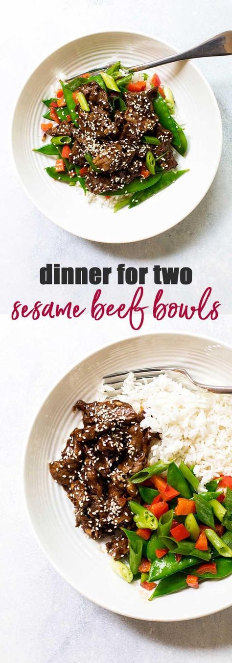 Easy 30-minute sesame beef is an easy recipe inspired by take-out. The beef is cooked in a savory sauce and served with crisp-tender vegetables and rice. This recipe is a great dinner for two or double it to serve more! Sesame Beef, Beef Bowl, Beef Rice, Beef Bowls, Beef Recipes Easy, Dinner For Two, Lamb Recipes, Quick Dinner Recipes, Spring Recipes