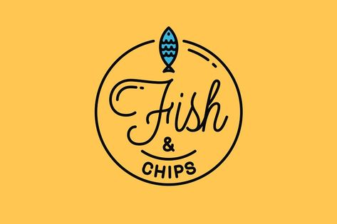 Fish and chips logo. Round linear logo of fish on yellow background.  When developing design were complied proportion, symmetry, shape, etc.  All letters are converted to curves. product contains the following file types: AI, EPS, JPG, PSD. Fish And Chips Logo, Chips Logo, Chef Knowledge, Fish And Chips Restaurant, Geometric Fish, Fish N Chips, Fish And Chip Shop, Yellow Fish, Fish Vector