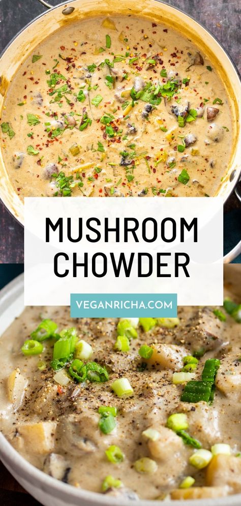 Vegan Mushroom Chowder -  forget the canned stuff! This vegan mushroom soup is dairy-free thanks to cashew cream and so easy to make! Oyster Mushroom Clam Chowder, Vegan Oyster Mushroom Recipes, Mushroom Chowder, Vegan Clam Chowder, Vegan Stews, Vegan Supper, Supper Sides, Dr Greger, Vegan Mushroom Soup