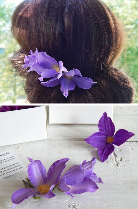 #purple #purplewedding #purpleflowers #clematis #purpleclematis #haircomb #hairaccessory #weddingflowers #bridalhair #hairstyle #weddingidea #hairstyles Purple Flowers In Hair, Beach Wedding Headpieces, Lavender Wedding Colors, Flower Hair Comb Wedding, Floral Hair Piece Wedding, Wedding Flower Hair Pieces, Wedding Flower Hair, Winter Bridal Jewelry, Bridesmaid Headpiece