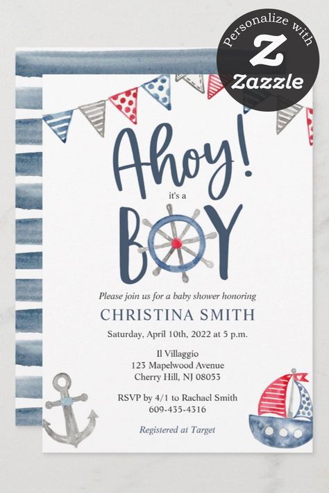 Summer Baby Shower Themes For Boys, Nautical Boy Baby Shower Ideas, Ahoy Its A Boy Baby Shower Ideas, Nautical Baby Shower Boy, Summer Baby Shower Themes, Anchor Invitations, Ahoy It’s A Boy Baby Shower Decorations, Boy Shower Themes, Nautical Baby Shower Boy Invitations