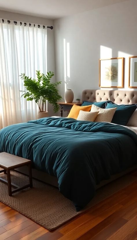 Step into this serene bedroom oasis, where soft, natural light filters through sheer white curtains, creating a warm and inviting atmosphere. The centerpiece is a king-size bed, draped in a sumptuous deep teal duvet, surrounded by a delightful mix of gold and cream textured pillows. A vintage nightstand with an artful lamp casts a cozy glow, complemented by a lush potted plant. The light gray walls, adorned with serene art pieces, enhance the tranquil vibe, while a chic woven rug completes the look. #CozyBedroom #HomeDecor #InteriorDesign Spanish Mediterranean Homes Interior, Mediterranean Home Interior Design, Bedroom Colour Ideas, Sheer White Curtains, Serene Art, Teal Duvet, Textured Pillows, Built In Around Fireplace, Living Room Blanket