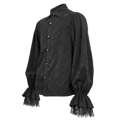 This gothic shirt is a turn-down collar and puff sleeves. Flared cuffs patchwork with lace. Weaves trim embellished shoulder. Detailed buttons for closure. Floral embossing on the fabric. Avaliable in two colors. 
 
Material:?Polyester; Polyamide; Spandex 
Weight: 0.4KG 
Size: S-4XL 
SKU:?SHT08301 Gothic Suit, Paisley Print Design, Vampire Clothes, Rock Style Outfits, Gothic Tops, Goth Shirt, Gothic Shirts, Rock Outfit, Black Floral Top