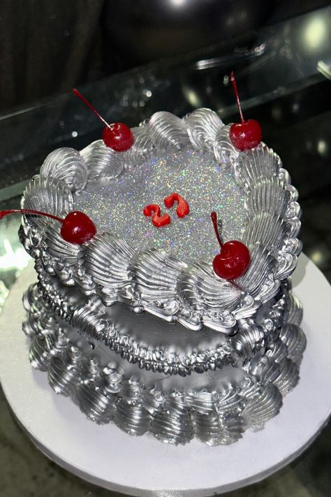 Chrome Party Decorations, Chrome Birthday Party, Chrome Heart Cake, Birthday Cake Sparkly, Glitter Cherry Cake, Sparkly Heart Cake, Glitter Cake Birthday Sparkle, Heart Cake With Cherries, Silver Cake Ideas