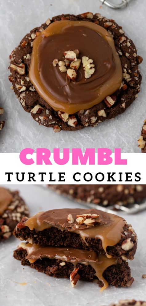 The Best Chilled Crumbl Turtle Cookies - Lifestyle of a Foodie Crumbl Holiday Cookies, Christmas Crumbl Cookie Copycat, Crumble Christmas Cookies, Cookies With Toppings, Crumbl Christmas Cookies, Christmas Crumble Cookies, Gourmet Christmas Cookies, Copycat Crumbl Cookies Recipes, Honeybee Cookies