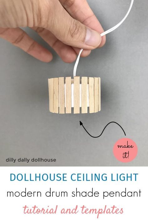 DIY Modern Miniatures | Tutorial for Dollhouse Light | dillydallydollhouse.com Diy Barbie Chandelier, Wood Barbie Furniture, Doll House Furniture Diy Recycled, How To Make Tiny Furniture, Barbie Crafts Diy Dollhouse Furniture, Lundby Dollhouse Diy, Diy Dollhouse Lighting, Diy Dollhouse Lights, Mini Dollhouse Furniture Diy