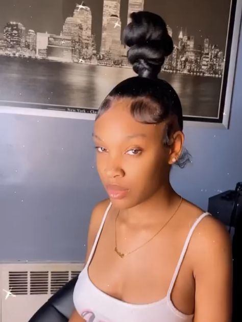 Weave Top Knot Bun, Cute Two Buns Hairstyles Black Women, Bun With Weave Hairstyles, Slick Weave Bun, To Knot Bun, Top Knot With Weave, Slick Hairstyles Baddie Bun, Ponytails Ideas For Black Women, Buns And Ponytails Hairstyles Black