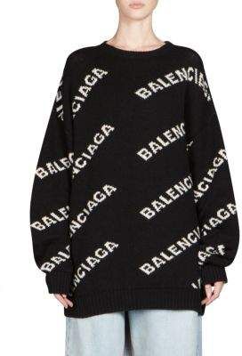 Balenciaga Allover Logo Sweatshirt #afflink Balenciaga Sweatshirt, Lurex Knit, Gucci Sneakers, Logo Sweatshirt, Kpop Fashion Outfits, Knit Sweatshirt, Girls Fashion Clothes, Kpop Fashion, Maternity Clothes