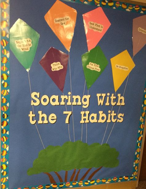 Spring 7 Habits bulletin board. Leader in me. 7 Habits Bulletin Board, Leader In Me Bulletin Board, Kindergarten Classroom Door, Classroom Door Ideas, Kindness Bulletin Board, Kindergarten Organization, Flexible Seating Classroom, Seven Habits, Teaching Second Grade