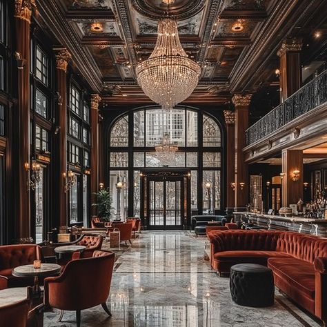 The interior of a prestigious hotel lobby showcases the epitome of luxury and opulence. Dominating the space is a splendid chandelier that casts a soft, inviting glow over the room. Plush red velvet chairs and sofas offer a comfortable resting area for guests, while the polished marble flooring reflects the intricate architecture of the windows and the dark, ornate wooden paneling that lines the walls. This setting is not just a passage but a statement of elegance and style, designed to impress Hotel Reception Design Luxury, Cool Hotel Lobby, Hotel Lobby Design Luxury, Grand Hotel Lobby, Art Deco Hotel Lobby, Hotel Reception Design, Hotel Lobby Bar, Hotel Lobby Interior Design, Luxury Hotel Lobby