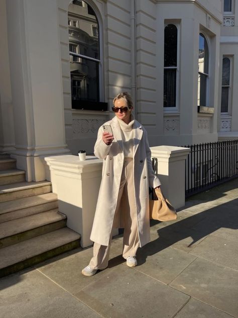 Winter Outfits Trainers, Beige Suit Coat Women, Cream Borg Coat Outfit, Beige Oversized Coat Outfit, Long Beige Coat Outfit Winter, Cream Suit Trousers Outfit, Cream Blazer Winter Outfit, Cream Roll Neck Jumper Outfit, Cream Pea Coat Outfit