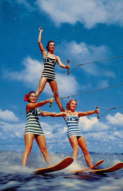 Cypress Gardens Girls waterskiing in #stripes http://www.amazon.com/The-Reverse-Commute-ebook/dp/B009V544VQ/ref=tmm_kin_title_0 Cypress Gardens, Water Skis, Coffee Label, 1950s Retro, Retro Surf, Three Women, Vintage Swim, Vintage Versace, Look Retro