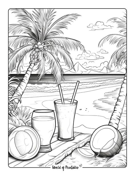 Relaxing Illustration, Chibi Coloring, Ocean Coloring Pages, Alphabet Animals, Beach Coloring Pages, 30 Day Drawing Challenge, Beach Drawing, Adults Coloring, Abstract Coloring Pages