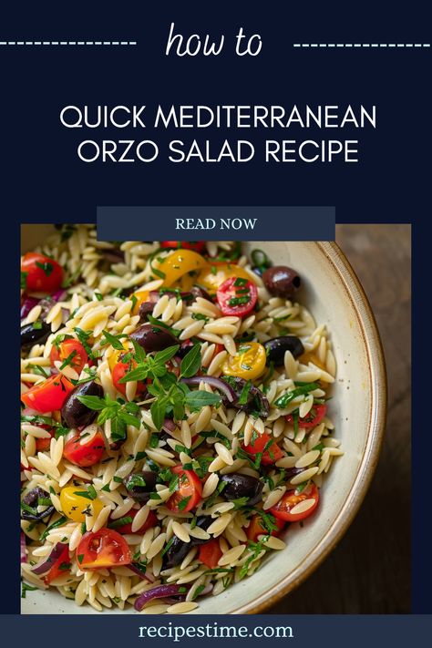 Looking for a fresh and vibrant dish? Try this Mediterranean Orzo Salad recipe! Bursting with flavors from ripe tomatoes, crunchy cucumbers, and tangy olives, it's a nutritious option perfect for meal prep or parties. Discover easy ingredients and simple steps to create this light, nutrient-packed salad that tantalizes the taste buds! Perfect for picnics, potlucks, or a barbecue, this colorful dish showcases bright veggies and al dente orzo pasta – a distinct delight for any occasion. Healthy Orzo Pasta Salad, Orzo Greek Salad Recipes, Orzo Summer Recipes, Orzo Mediterranean Salad, Orzo Greek Pasta Salad, Mediterranean Orzo Recipes, Metteranian Meals, Orzo Recipes Salad, Orzo Feta Salad