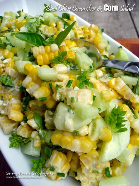 Basil Chive Cucumber & Corn Salad ~ Sumptuous Spoonfuls #cucumber #corn #basil #salad #recipe Recipes With Basil Leaves, Cucumber Corn Salad, Interesting Salads, Cucumber Basil, Basil Salad, Salad Cucumber, Vegan Mayo, Cucumber Recipes, Corn Salad