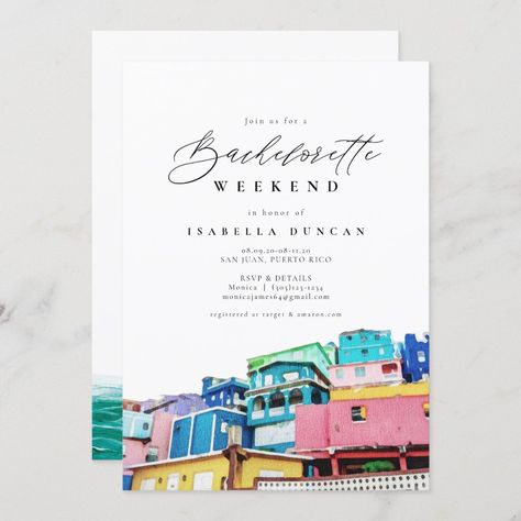 Watercolor San Juan Puerto Rico Skyline Tropical Invitation | #bachelorette #skyline #watercolor #destination #itinerary #ocean #tropical #beach #sanjuan #puertorico Puerto Rico Bachelorette Party, Puerto Rico Bachelorette, Tropical Bachelorette, Tropical Invitations, Ocean Tropical, Bachelorette Party Beach, Beach Bachelorette, Bachelorette Invitations, Colorful City