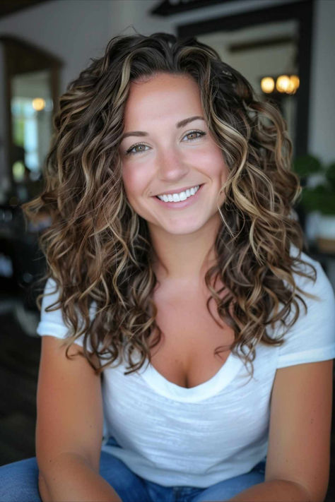 Effortless long waves for moms. Best Length For Curly Hair, Long Blowdry Hairstyles, Medium Length Hair Perm Waves, Long Length Curly Hairstyles, Long Waves Haircut, Fall Hair Curly Natural Curls, Mom Haircut Curly Hair, Full Body Hairstyles, 40 Year Old Curly Hair Styles