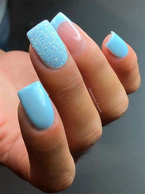 Blue Glitter Nails, Manikur Kuku, Nagellack Trends, Blue French, Cute Gel Nails, Blue Nail, Acrylic Nails Coffin Short, Nagel Inspo, Short Acrylic Nails Designs