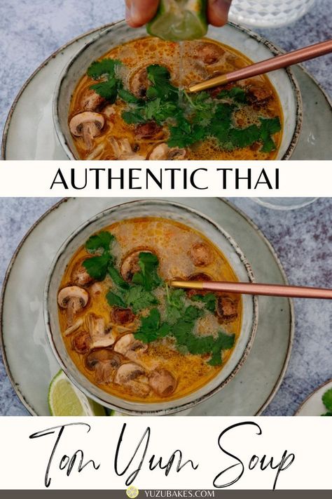 Two bowls of Thai Tom Yum soup Vegan Hot And Sour Soup Recipe, Easy Tom Yum Soup Recipe, Easy Tom Yum Soup, Vegan Tom Yum Soup, Vegan Tom Yum, Thai Hot And Sour Soup, Tom Yum Noodle Soup, Thai Tom Yum Soup, Tom Yum Soup Recipe