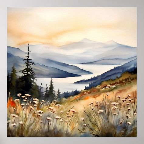 Mountain Landscape Watercolor Painting Art Print. Watercolor Land Scape, Watercolor Scenery Landscape Paintings, Watercolor Art Mountains, Creativity Boosters, Watercolour Scenery, Watercolor Samples, Watercolour Painting Landscape, Watercolor Mountain Landscape, Mountains Watercolor