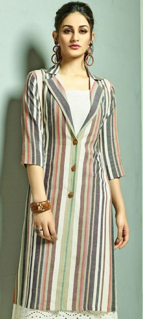 Kurti With Jacket, Striped Dress, Off White, Blue, White, Design