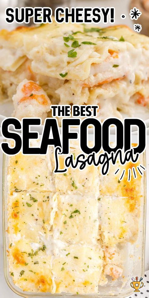 Seafood Lasagna Keto Seafood Lasagna, Seafood Lasagna Recipe Best, Seafood Cheese Sauce, Seafood Lasagne Recipes, Seafood Main Dishes, Marry Me Seafood Lasagna, Salmon Lasagna Recipe, Garlic Butter Shrimp Scampi Lasagna, Shrimp Scampi Lasagna