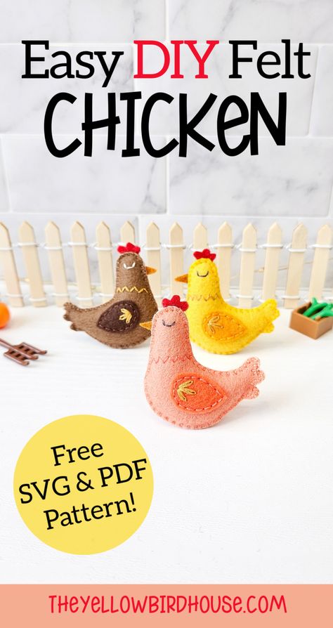 Easy DIY felt chicken tutorial with free pdf & svg pattern files! Learn how to make these fun farm chickens with this beginner friendly sewing pattern. Quick to make, you can have a whole flock of hens ready in an afternoon! Use this felt chicken DIY to make a brooch, ornament, keychain, pocket pal or add it to your seasonal decor or garlands! Felt Chicken Ornament Free Pattern, Diy Felt Chicken Ornaments, Diy Felt Farm Animals Patterns Free, Felt Farm Animals Pattern Templates, Sewing Chicken Pattern, Chicken Stuffed Animal Pattern, Chicken Sewing Patterns Free Printable, Felt Chicken Pattern Free, Felt Chicken Ornament