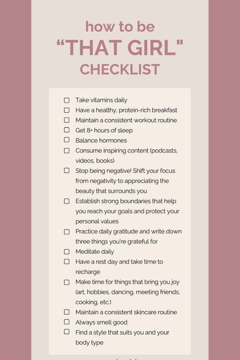 ✨ How to Be That Girl Checklist ✨ Ready to level up? Follow this ultimate checklist for healthy habits, organization, and self-care to become that girl you’ve always wanted to be. 🌸✨ #ThatGirlChecklist #GlowUp #HealthyHabits #SelfCare #DailyRoutine New Year Glow Up Checklist, It Girl Checklist, How To Become It Girl, Physical Glow Up Checklist, Glow Up Checklist, Protein Rich Breakfast, Motivational Tips, 8 Hours Of Sleep, Joy Art