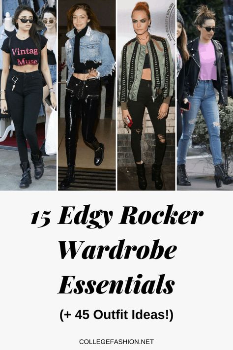 Are you looking for an edgy rockstar chic wardrobe? This list of 15 edgy rockstar chic essentials are what you need! Plus, we give you 45 outfit ideas for your edgy rockstar aesthetic! Click for all the Rockstar chic outfits! Rockstar Outfit For Women Plus Size, Rock And Roll Capsule Wardrobe, Rocker Chic Outfit Glam Rock, Rockers Girlfriend Aesthetic, Acdc Shirt Outfit, 80s Rockstar Outfit For Women, Rock Outfits For Women 80s, Rock N Roll Aesthetic Outfit, Grunge Glam Outfits