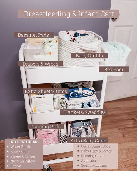 Postpartum Essentials Cart, Postpartum Caddy For Mom, Breastfeeding Essentials List, Postpartum Carts, Postpartum Setup, Postpartum Cart Bedside, Postpartum Organization, Breastfeeding Caddy, Breastfeeding Cart Organization