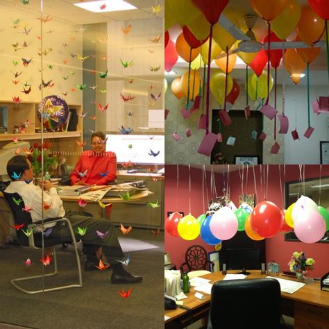 List of Birthday Surprise Ideas for Boss | Simple Birthday Surprise, Cubicle Birthday Decorations, Office Birthday Decorations, Company Birthday, Birthday Pranks, Birthday Surprise Ideas, Office Decoration Ideas, Flower Party Decorations, Happy Birthday Boss