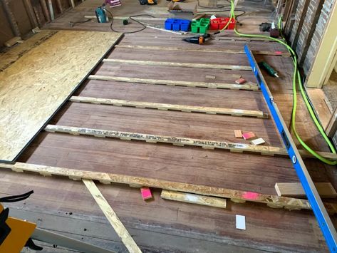 1x6 Flooring Diy, Level Floors In Old House, How To Level A Floor In An Old House, How To Level Floors In An Old House, Floor Leveling Diy, Leveling Floors In Old House, Self Leveling Floor, Floor Leveling, Vintage Renovation