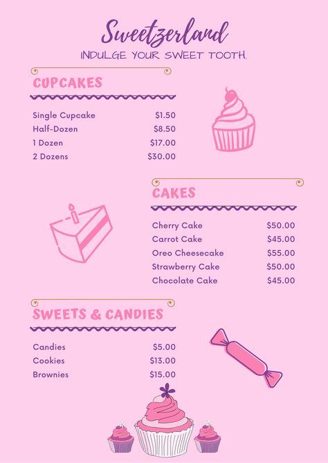 Small Business Menu Ideas, Cake Page Name Ideas, Cupcake Menu Design, Dessert Menu Design Ideas, Cake Business Plan, Cake Pricing Chart, Cheesecake Menu, Bakery Truck, Bakery Business Plan