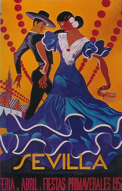 Sevilla, Feria de Abril, 1952 Spanish Flamenco Poster Fair Poster, Spain Poster, Spanish Posters, Spanish Dance, Spring Fair, Tourism Poster, Spanish Culture, Spanish Art, Flamenco Dancers