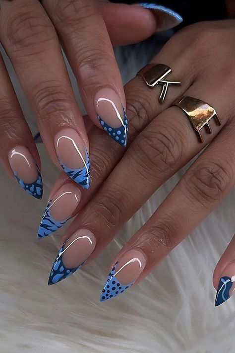 45 Striking Stiletto Nails for a Chic & Fashionable Manicure Nail Ideas Stiletto Short, New Nails Design 2024, Different Blue Nails, Nails French Ideas, Cute French Tip Nails Designs, Blue Stiletto Nails Design, Blue Almond Nails Design, Mommy And Me Nails, Short Stiletto Nails Designs