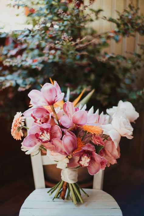 bright pink orchid tropical wedding bouquet Hibiscus Bridal Bouquet, Colorful Orchid Bouquet, Beach Tropical Wedding, Destination Wedding Bouquet, Hawaii Wedding Florals, Small Tropical Bouquet, Tropical Bride Bouquet, Orchid Bridesmaid Bouquet, Wedding Bouquet Orchids