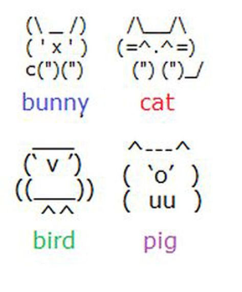 How to make emoticon animals out of punctuation. | 26 Things Every Girl Between The Ages Of 22-28 Knows Keyboard Symbols, Cool Text Symbols, Kraftangan Prasekolah, Emoji Texts, Funny Text Pictures, Organizator Grafic, Cute Text Symbols, Sms Language, Text Symbols