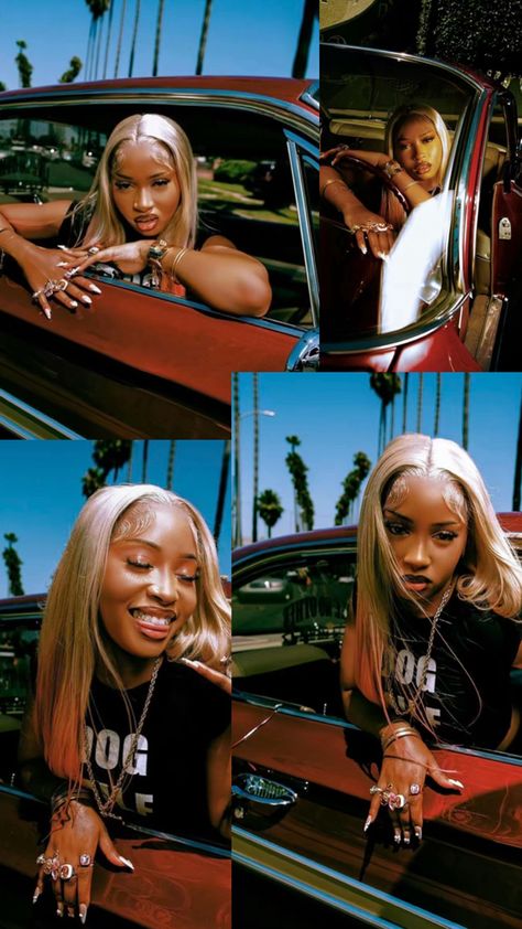 photo shoot ideas/ car photoshoot/ red Cadillac/ women with grills/ gold grills/ gold jewelry/ blonde hair/ blonde middle part/ rings Women With Grills, Blonde Middle Part, Red Cadillac, Gold Grills, Classic Car Photoshoot, Gold Grill, Car Photoshoot, Photo Shoot Ideas, Hair Blonde