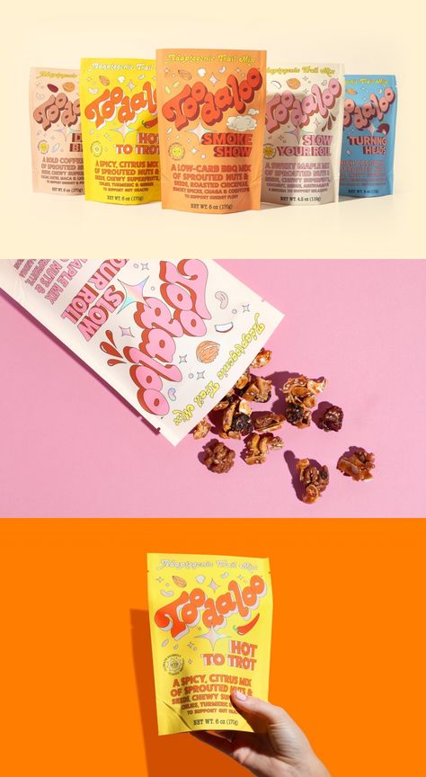 Snack Design Packaging, Packaging Design Candy, Maximalist Packaging Design, Playful Packaging Design, Candy Package Design, Trail Mix Packaging, Aesthetic Food Packaging, Candy Packaging Ideas, Fun Packaging Design