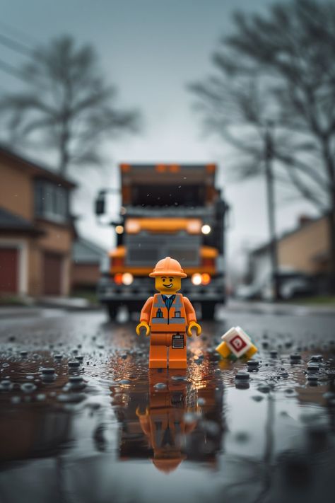 In the quiet hum of a rainy morning, meet the unsung hero— Lego garbage man. 🌧️🚛 Despite the gloomy skies and wet streets, he stands resolute in front of his truck, a symbol of quiet determination amidst the suburban landscape. Each puddle and raindrop tells a story of persistence and dedication. Here's to those who keep our neighborhoods clean, rain or shine. #EverydayHeroes #RainyDay #LegoArt #Lego #Photoghraphy #LegoFIgurines #Toys Lego Pfp, Lego Pics, Suburban Landscape, Lego Wallpaper, Rainy Morning, Toy Photography, Heaven Art, Lego Pictures, Lego Birthday